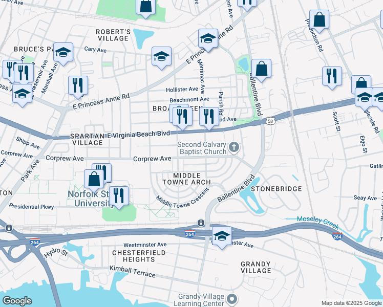 map of restaurants, bars, coffee shops, grocery stores, and more near 2820 Corprew Avenue in Norfolk