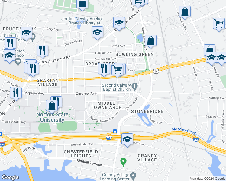 map of restaurants, bars, coffee shops, grocery stores, and more near 2834 Corprew Avenue in Norfolk