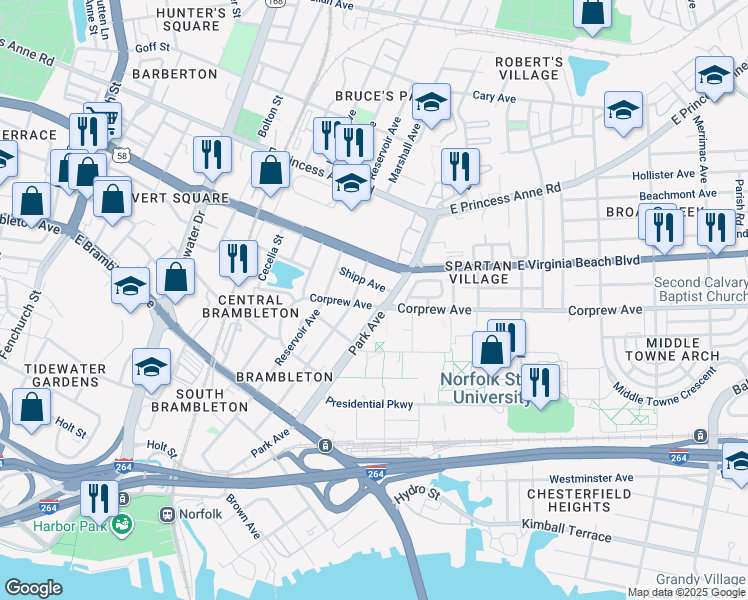 map of restaurants, bars, coffee shops, grocery stores, and more near 1516 Corprew Avenue in Norfolk