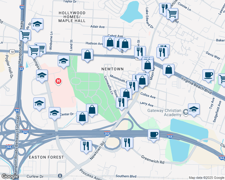 map of restaurants, bars, coffee shops, grocery stores, and more near 6589 Stoney Point South in Norfolk