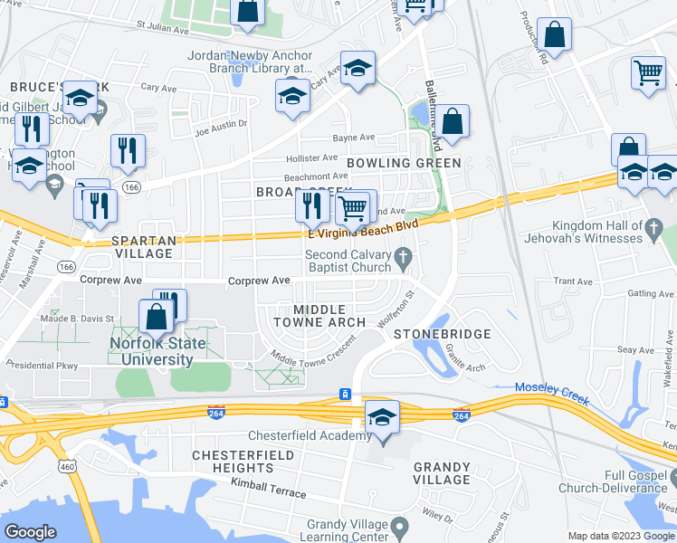 map of restaurants, bars, coffee shops, grocery stores, and more near 2834 Corprew Avenue in Norfolk