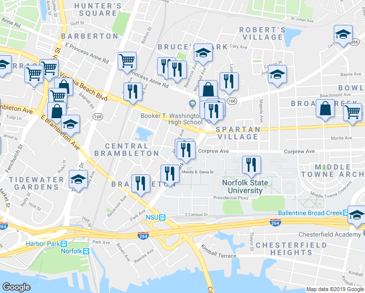 map of restaurants, bars, coffee shops, grocery stores, and more near 1508 Corprew Avenue in Norfolk