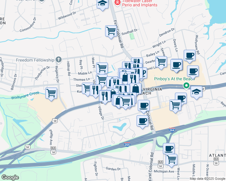 map of restaurants, bars, coffee shops, grocery stores, and more near 1756 Laskin Road in Virginia Beach