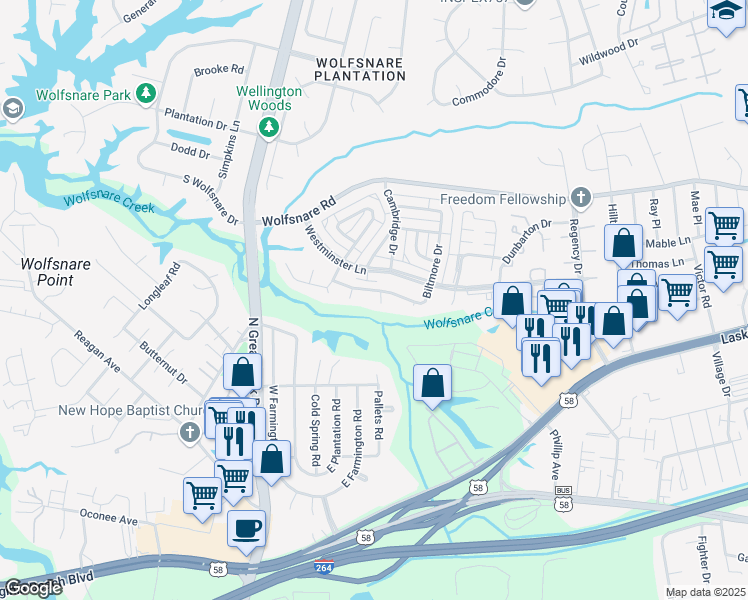map of restaurants, bars, coffee shops, grocery stores, and more near 413 Cadbury Circle in Virginia Beach