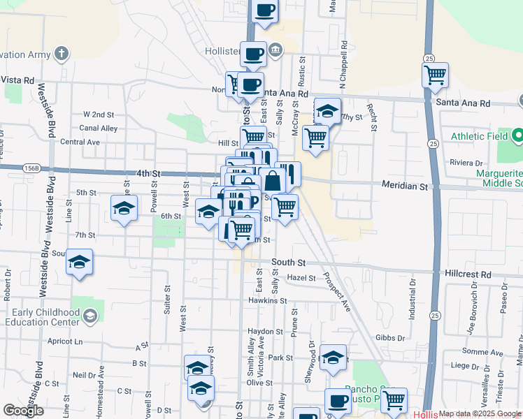 map of restaurants, bars, coffee shops, grocery stores, and more near East Street in Hollister