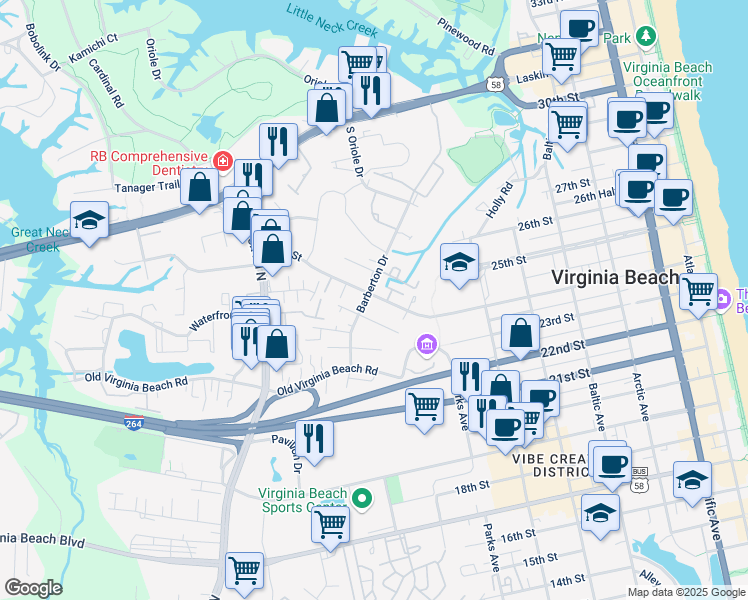 map of restaurants, bars, coffee shops, grocery stores, and more near 872 24th Street in Virginia Beach