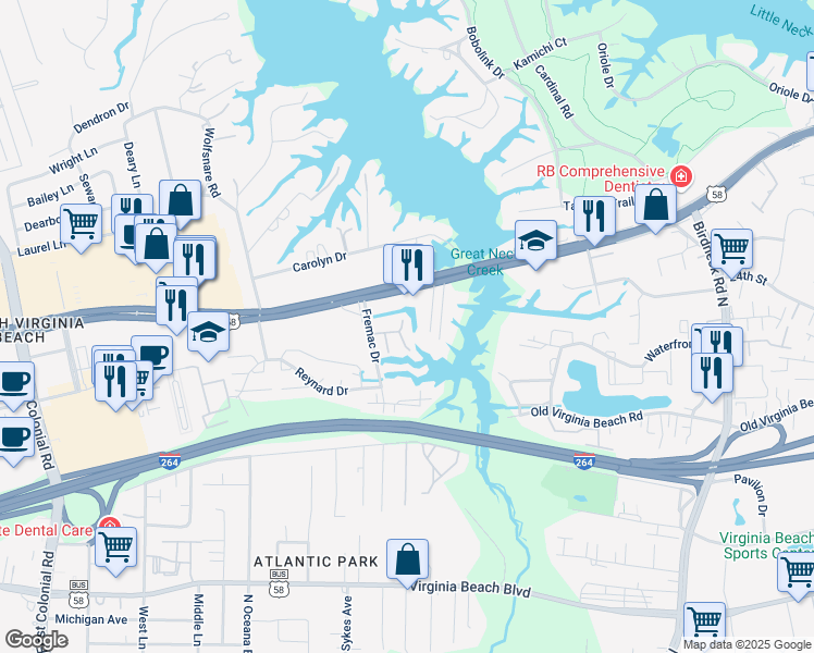 map of restaurants, bars, coffee shops, grocery stores, and more near 605 Gay Drive in Virginia Beach