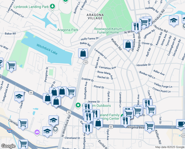 map of restaurants, bars, coffee shops, grocery stores, and more near 4949 Rachel Street in Virginia Beach