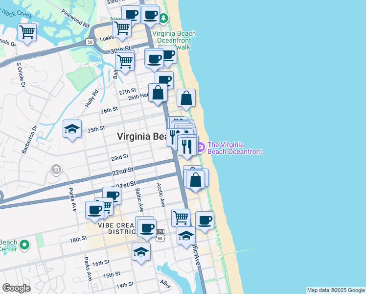 map of restaurants, bars, coffee shops, grocery stores, and more near 2201 Pacific Avenue in Virginia Beach
