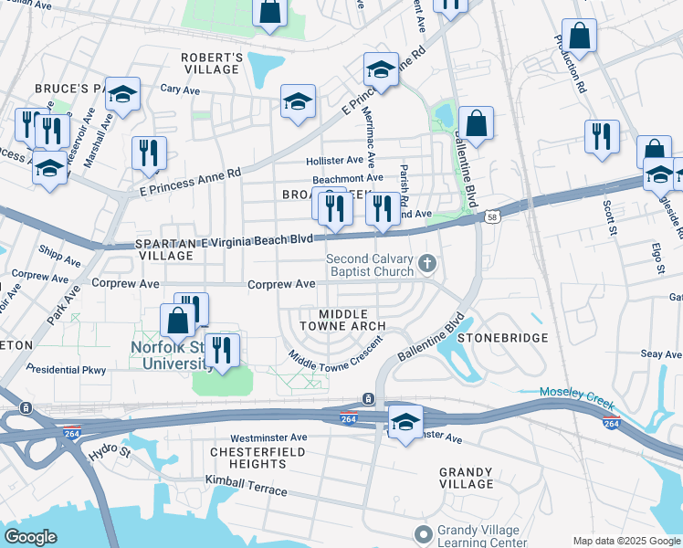 map of restaurants, bars, coffee shops, grocery stores, and more near 2812 Corprew Avenue in Norfolk