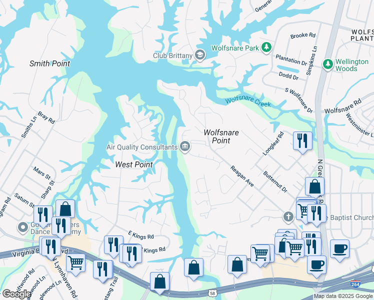 map of restaurants, bars, coffee shops, grocery stores, and more near 2648 Cove Point Place in Virginia Beach