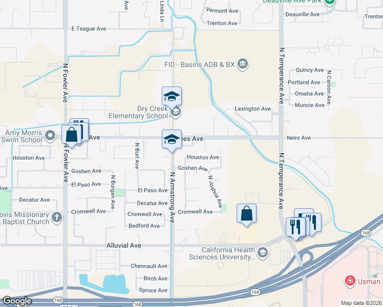 map of restaurants, bars, coffee shops, grocery stores, and more near 2290 Houston Avenue in Clovis