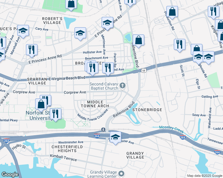 map of restaurants, bars, coffee shops, grocery stores, and more near 2908 Corprew Avenue in Norfolk