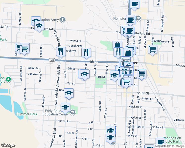 map of restaurants, bars, coffee shops, grocery stores, and more near 639 6th Street in Hollister