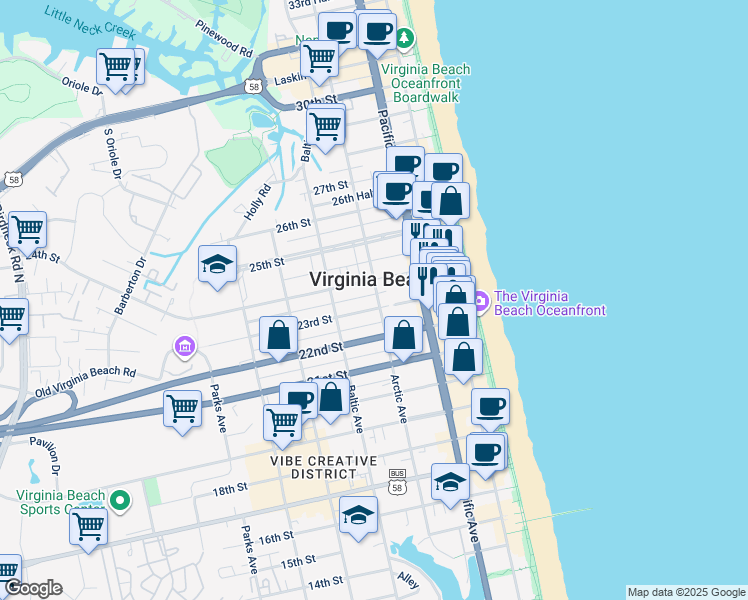 map of restaurants, bars, coffee shops, grocery stores, and more near in Virginia Beach