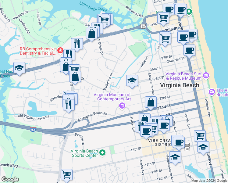 map of restaurants, bars, coffee shops, grocery stores, and more near 830 24th Street in Virginia Beach