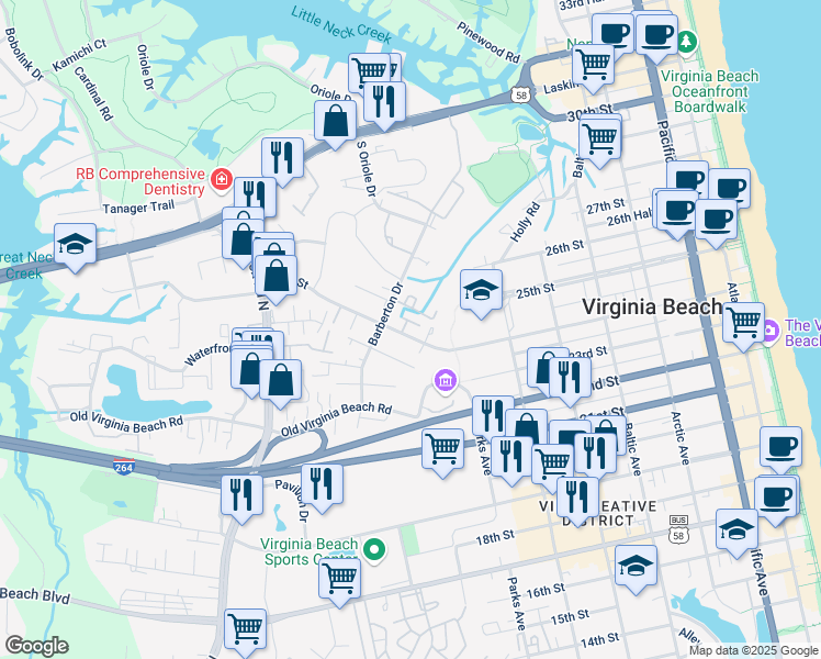 map of restaurants, bars, coffee shops, grocery stores, and more near 830 24th Street in Virginia Beach