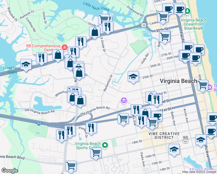 map of restaurants, bars, coffee shops, grocery stores, and more near 540 Barberton Drive in Virginia Beach