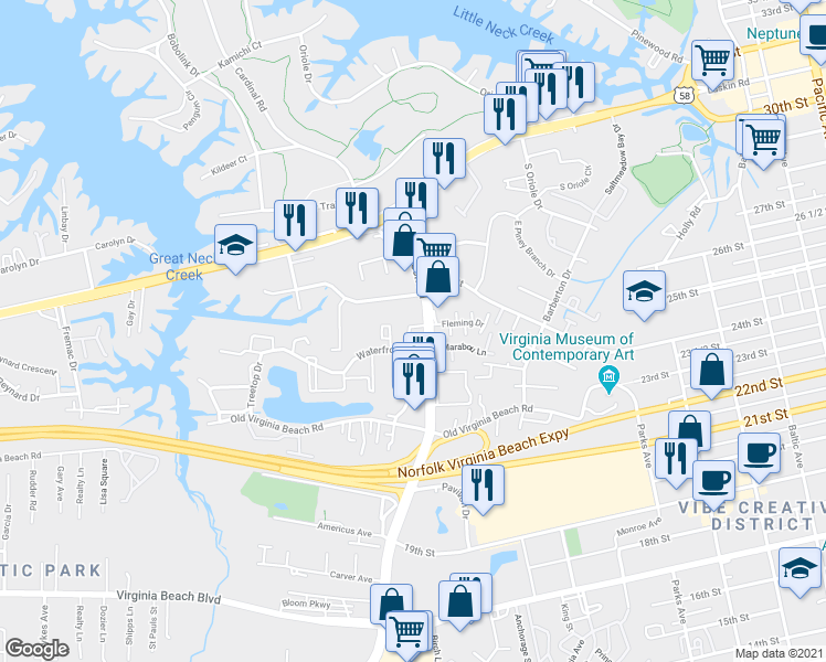 map of restaurants, bars, coffee shops, grocery stores, and more near 3401 Marabou Lane in Virginia Beach