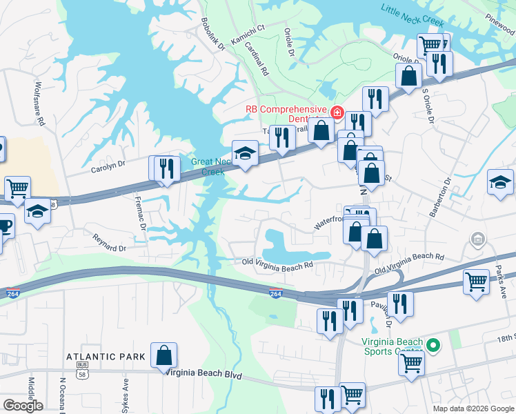 map of restaurants, bars, coffee shops, grocery stores, and more near 1238 Waterfront Drive in Virginia Beach