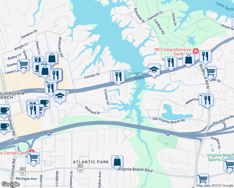 map of restaurants, bars, coffee shops, grocery stores, and more near 605 Gay Drive in Virginia Beach