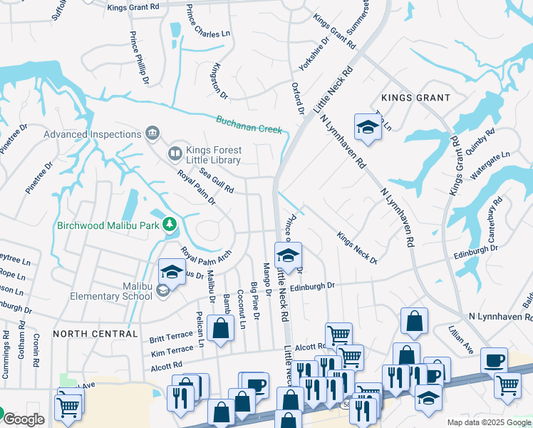 map of restaurants, bars, coffee shops, grocery stores, and more near 601 Prince of Wales Drive in Virginia Beach