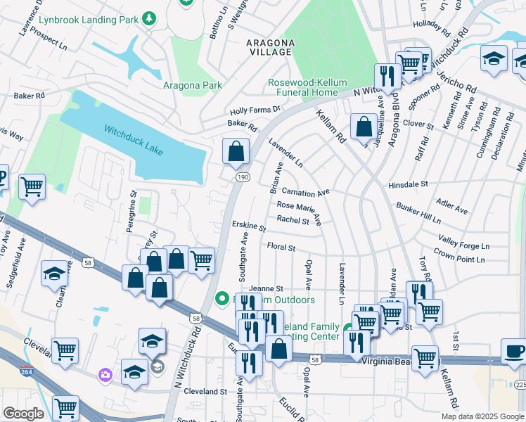 map of restaurants, bars, coffee shops, grocery stores, and more near 4949 Rachel Street in Virginia Beach