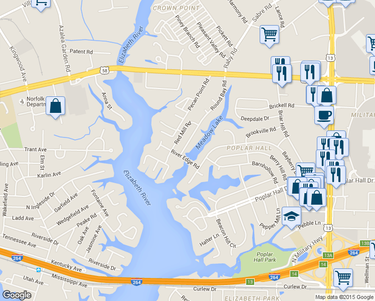 map of restaurants, bars, coffee shops, grocery stores, and more near 5337 River Edge Road in Norfolk
