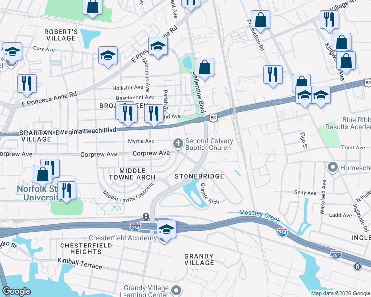 map of restaurants, bars, coffee shops, grocery stores, and more near 3014 Corprew Avenue in Norfolk