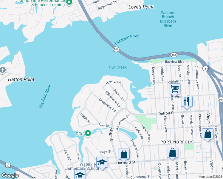 map of restaurants, bars, coffee shops, grocery stores, and more near 111 Williamson Road in Portsmouth