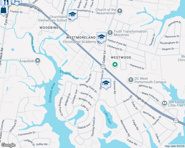 map of restaurants, bars, coffee shops, grocery stores, and more near 3114 Rolen Drive in Portsmouth
