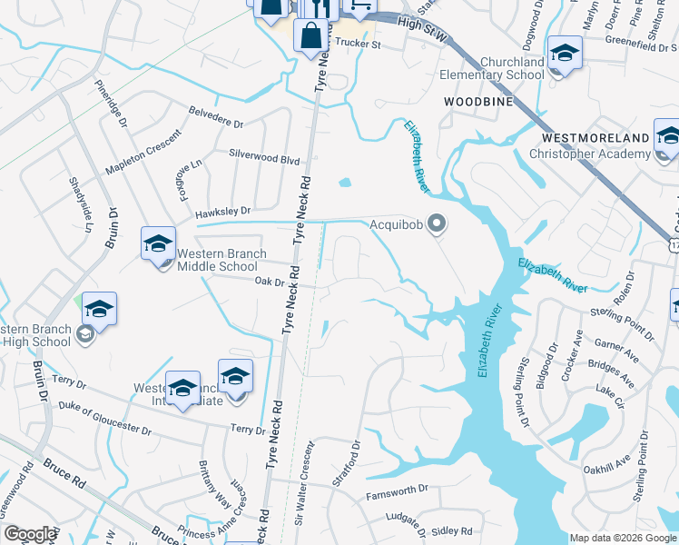 map of restaurants, bars, coffee shops, grocery stores, and more near 3919 Oak Drive in Chesapeake