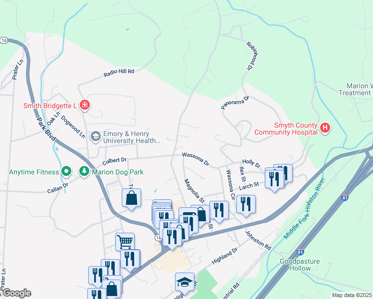 map of restaurants, bars, coffee shops, grocery stores, and more near 469 Wassona Drive in Marion