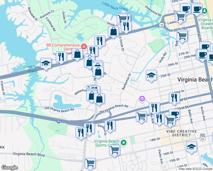 map of restaurants, bars, coffee shops, grocery stores, and more near 516 Clara Lane in Virginia Beach