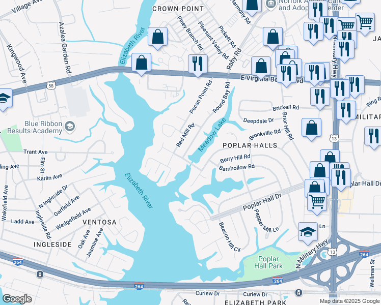 map of restaurants, bars, coffee shops, grocery stores, and more near 5337 River Edge Road in Norfolk