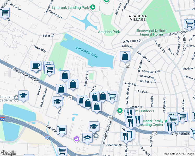map of restaurants, bars, coffee shops, grocery stores, and more near 570 Peregrine Street in Virginia Beach