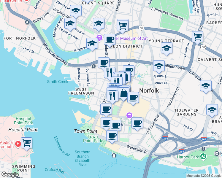 map of restaurants, bars, coffee shops, grocery stores, and more near 388 Boush Street in Norfolk