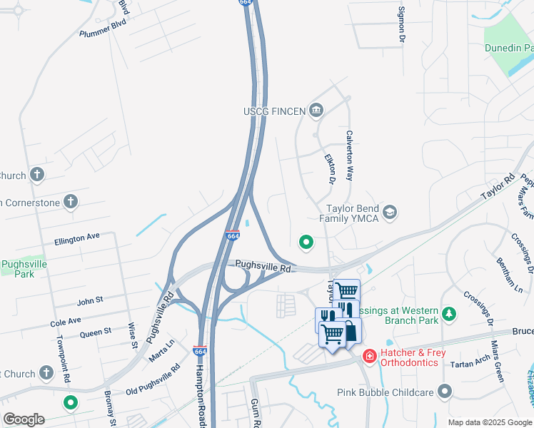 map of restaurants, bars, coffee shops, grocery stores, and more near 3522 Chipada Court in Chesapeake