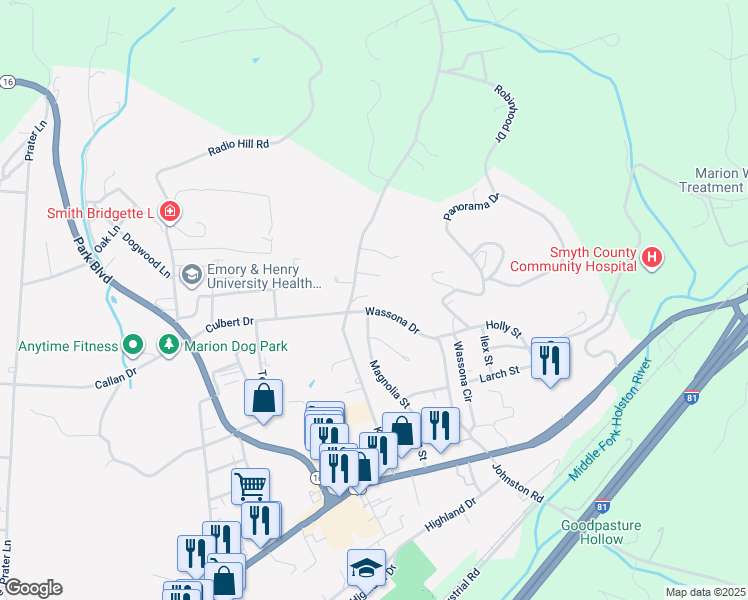 map of restaurants, bars, coffee shops, grocery stores, and more near 469 Wassona Drive in Marion
