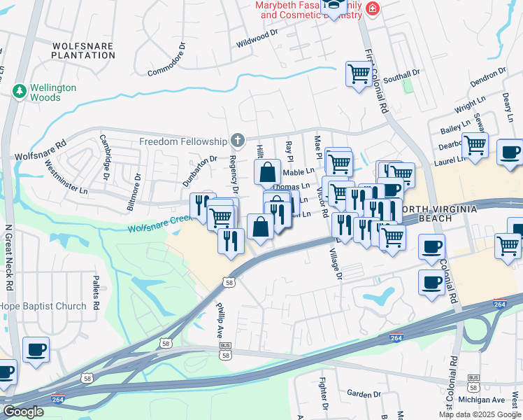 map of restaurants, bars, coffee shops, grocery stores, and more near 1901 King Charles Court in Virginia Beach