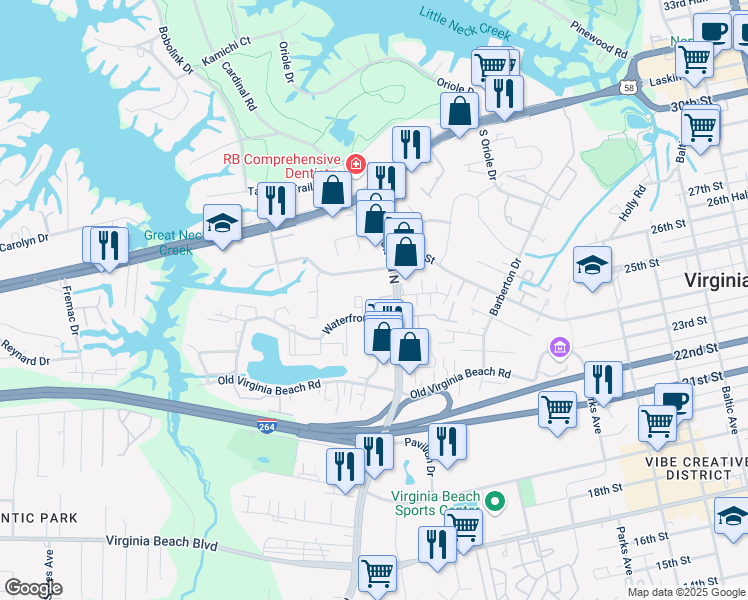 map of restaurants, bars, coffee shops, grocery stores, and more near 537 Waterfront Drive in Virginia Beach