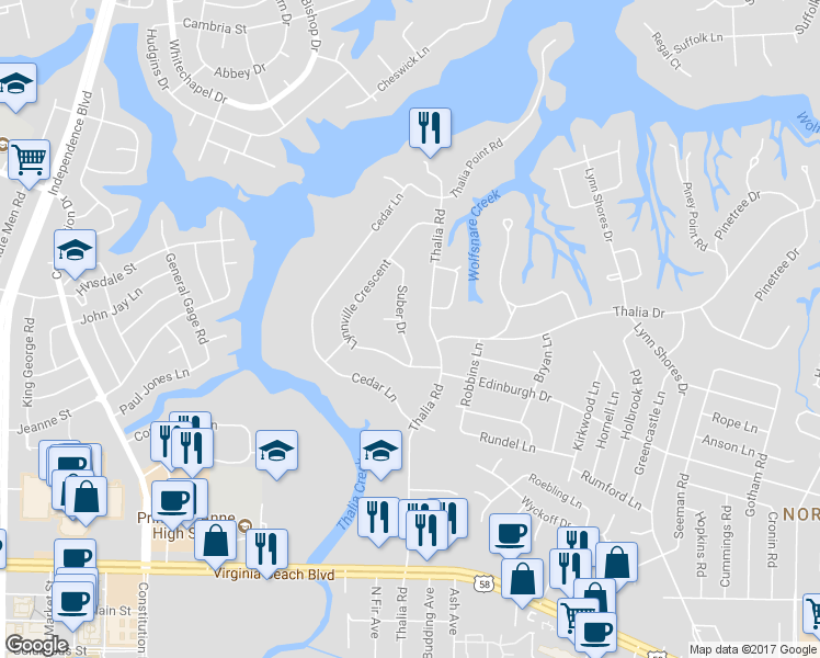 map of restaurants, bars, coffee shops, grocery stores, and more near 512 Suber Drive in Virginia Beach