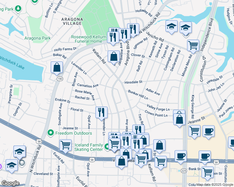 map of restaurants, bars, coffee shops, grocery stores, and more near 525 Carnation Avenue in Virginia Beach