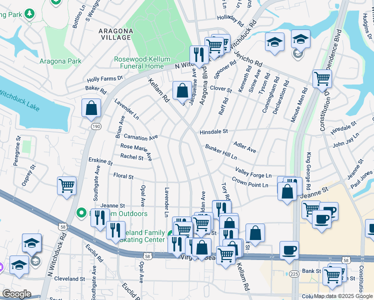 map of restaurants, bars, coffee shops, grocery stores, and more near 525 Carnation Avenue in Virginia Beach