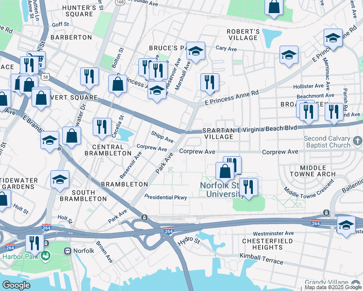 map of restaurants, bars, coffee shops, grocery stores, and more near 804 Park Avenue in Norfolk