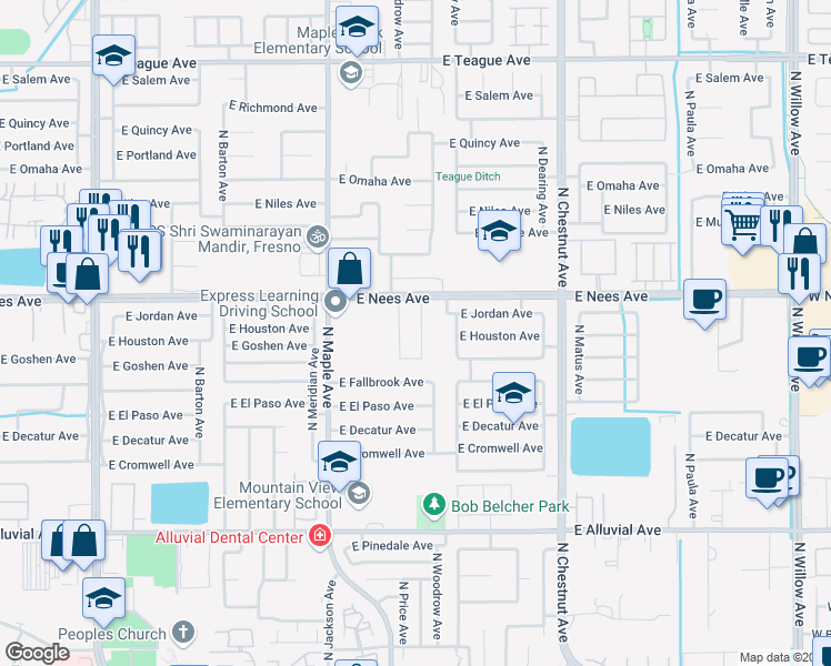 map of restaurants, bars, coffee shops, grocery stores, and more near 7893 North Woodrow Avenue in Fresno