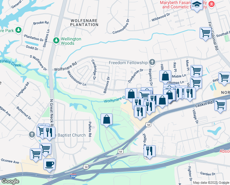 map of restaurants, bars, coffee shops, grocery stores, and more near 508 Carnaby Court in Virginia Beach