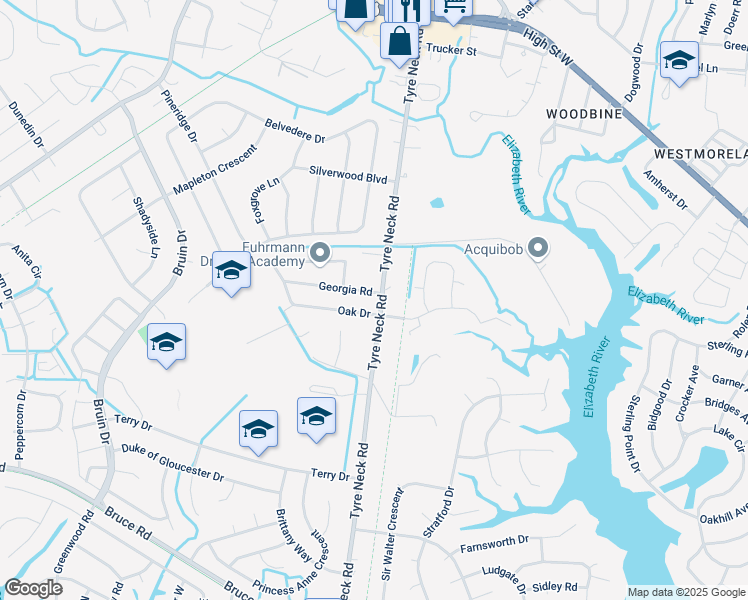 map of restaurants, bars, coffee shops, grocery stores, and more near 3132 Tyre Neck Road in Chesapeake