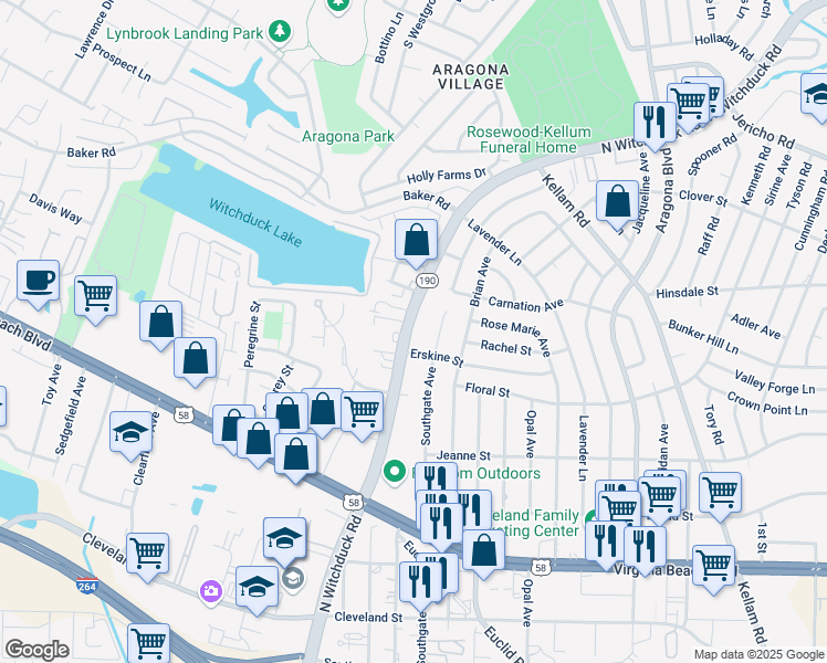 map of restaurants, bars, coffee shops, grocery stores, and more near 456 North Witchduck Road in Virginia Beach