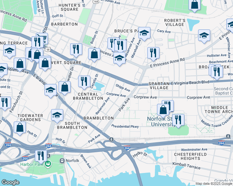 map of restaurants, bars, coffee shops, grocery stores, and more near 1414 Corprew Avenue in Norfolk